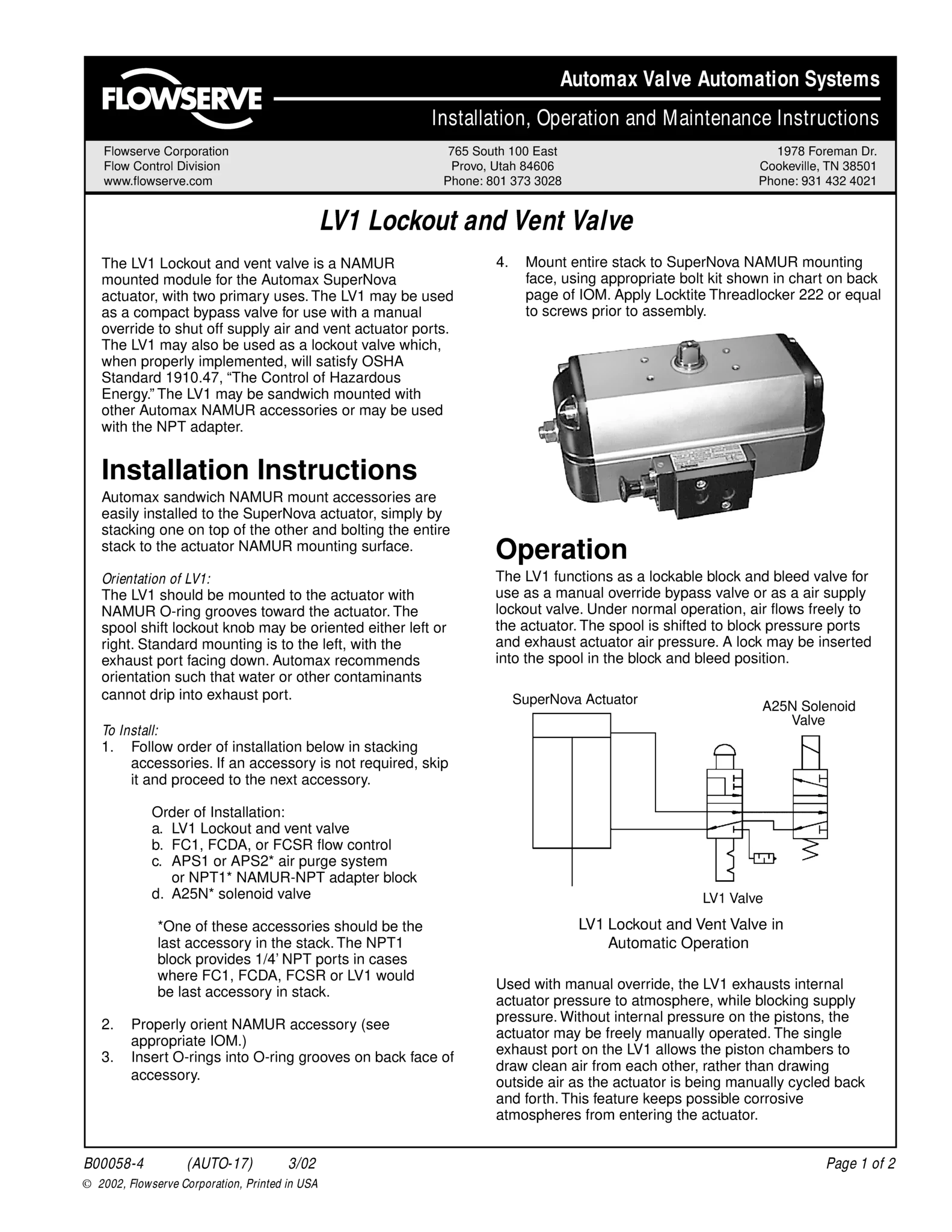 Automax LV1锁定和排气阀使用说明(IOM)