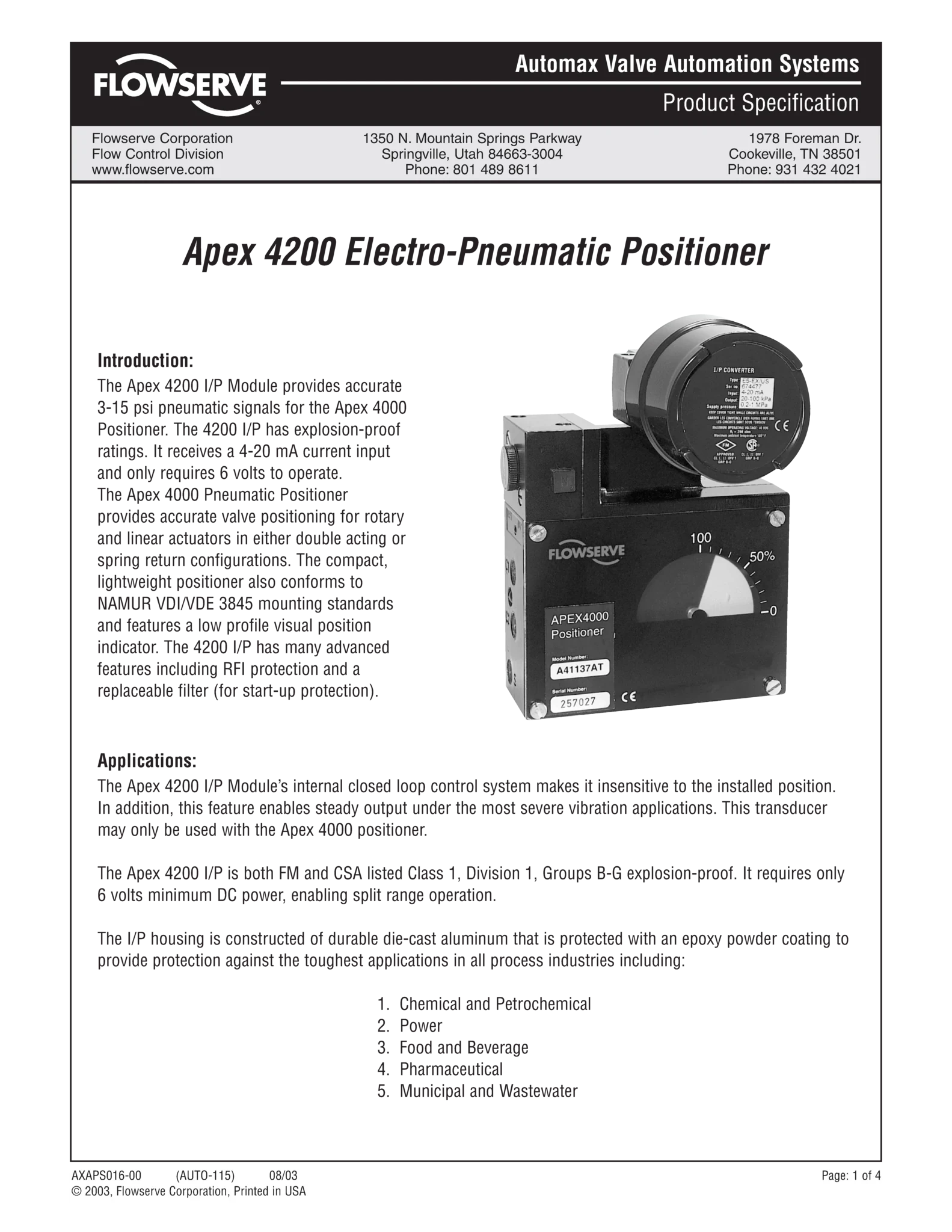 Automax APEX 4200电动气动定位器产品规格