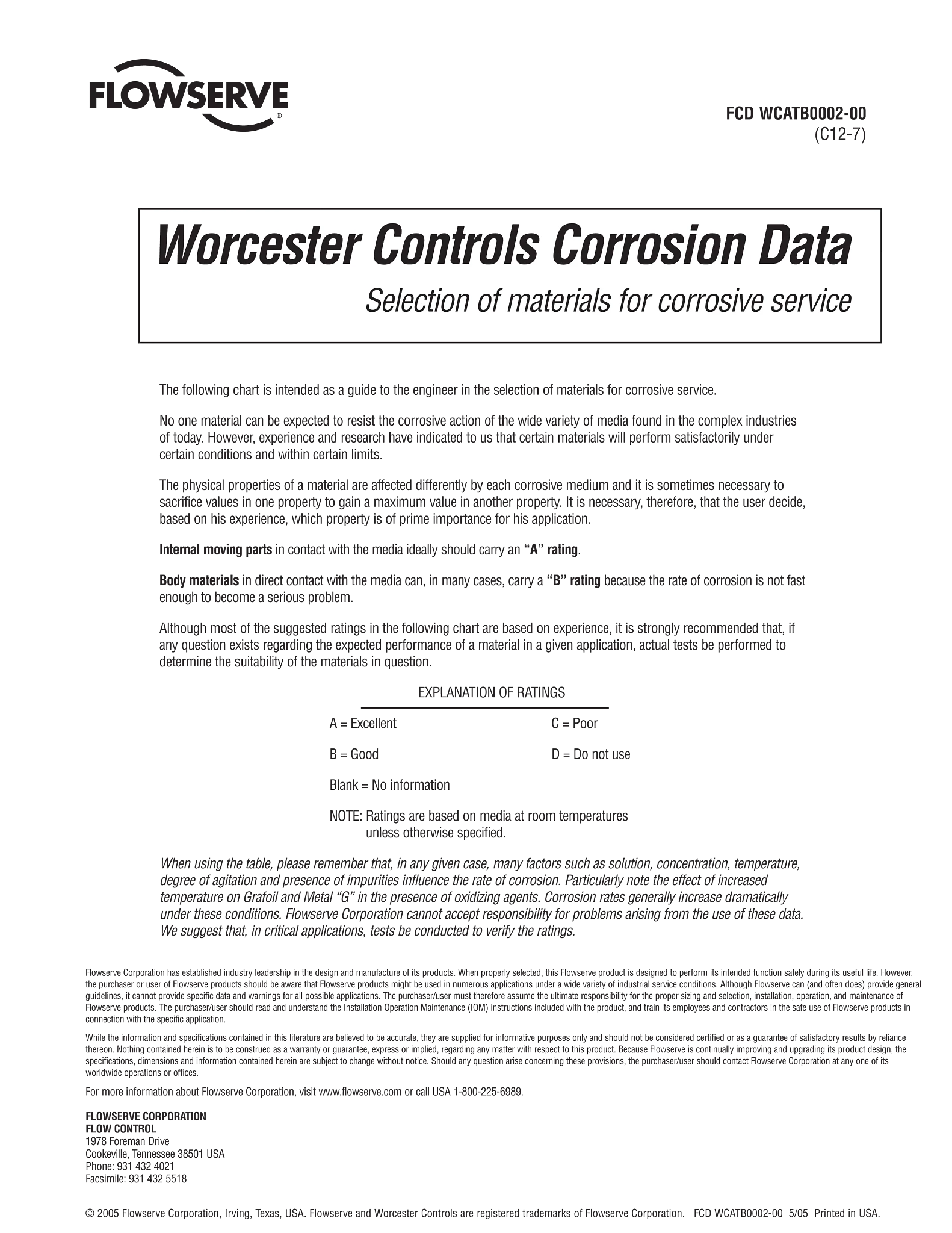 Worcester Controls腐蚀数据材料选择表（美洲）