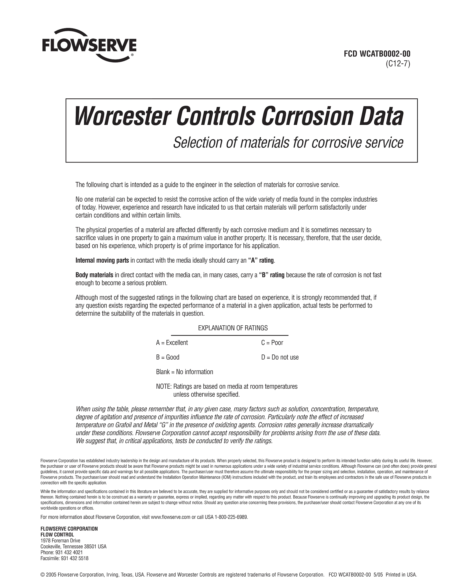 Worcester Controls腐蚀数据材料选择表(美洲)