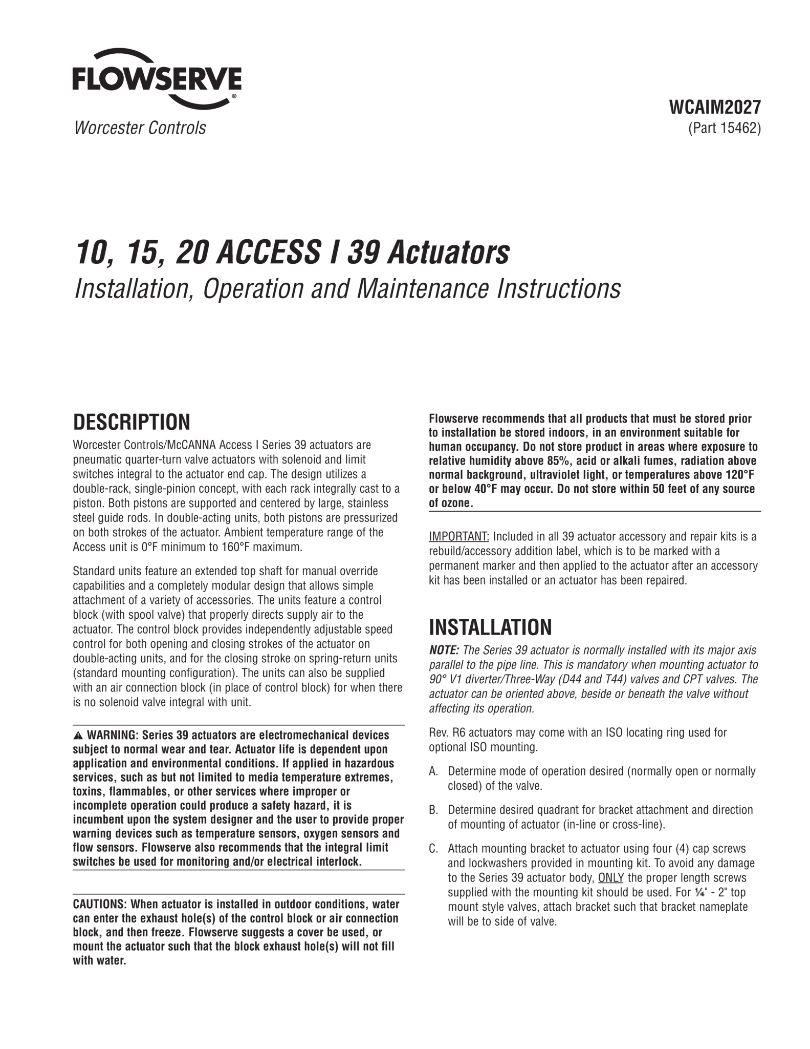 Worcester Controls 10、15、20 ACCESS I 39系列执行器使用说明(IOM)