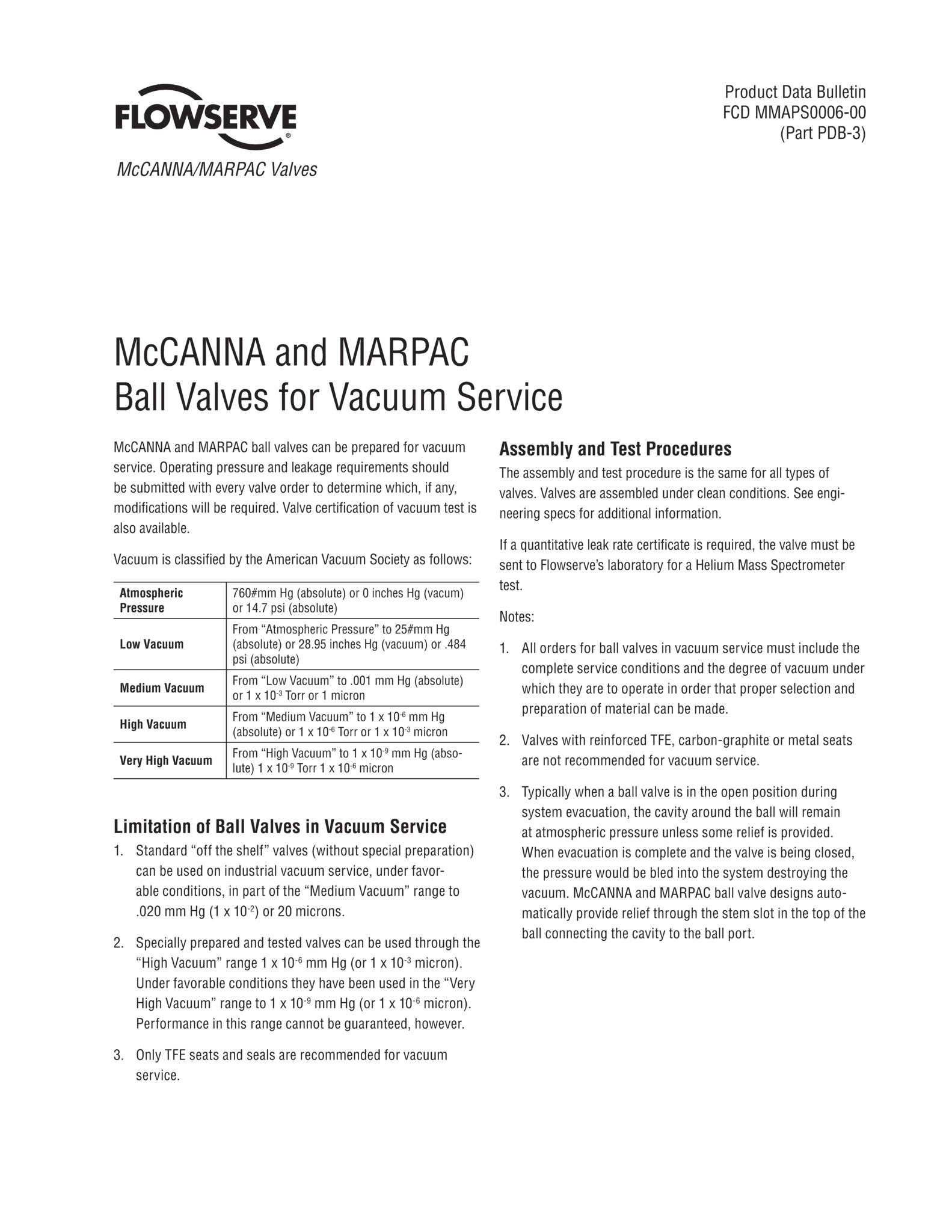 McCANNA/MARPAC阀门;适用于真空服务的McCANNA和MARPAC球阀产品数据公告