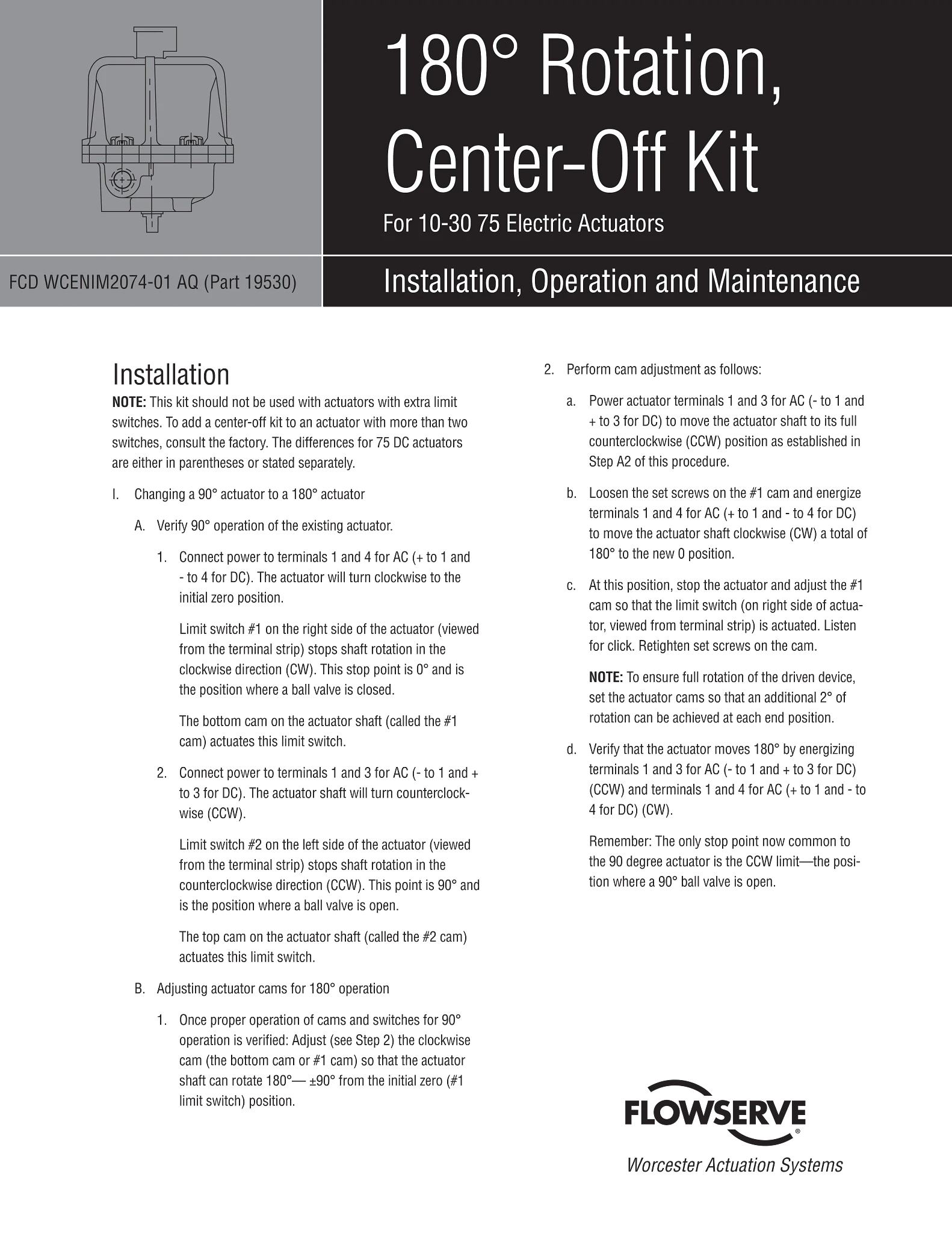 Worcester Controls 75系列电子执行器180°旋转,中间断开套件使用说明(IOM)