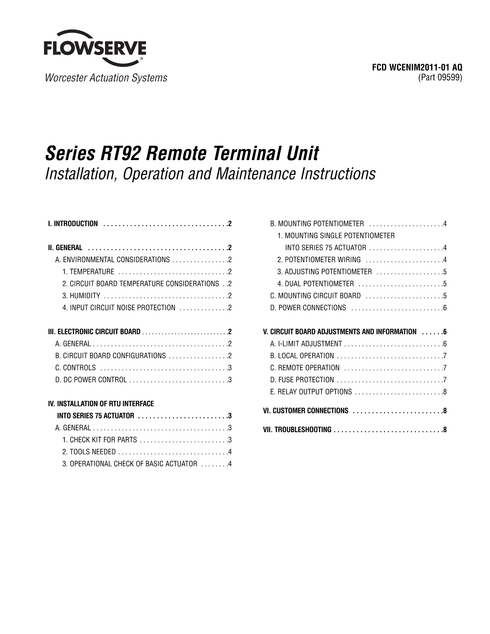 Worcester Controls RT92系列远程终端单元使用说明(IOM)