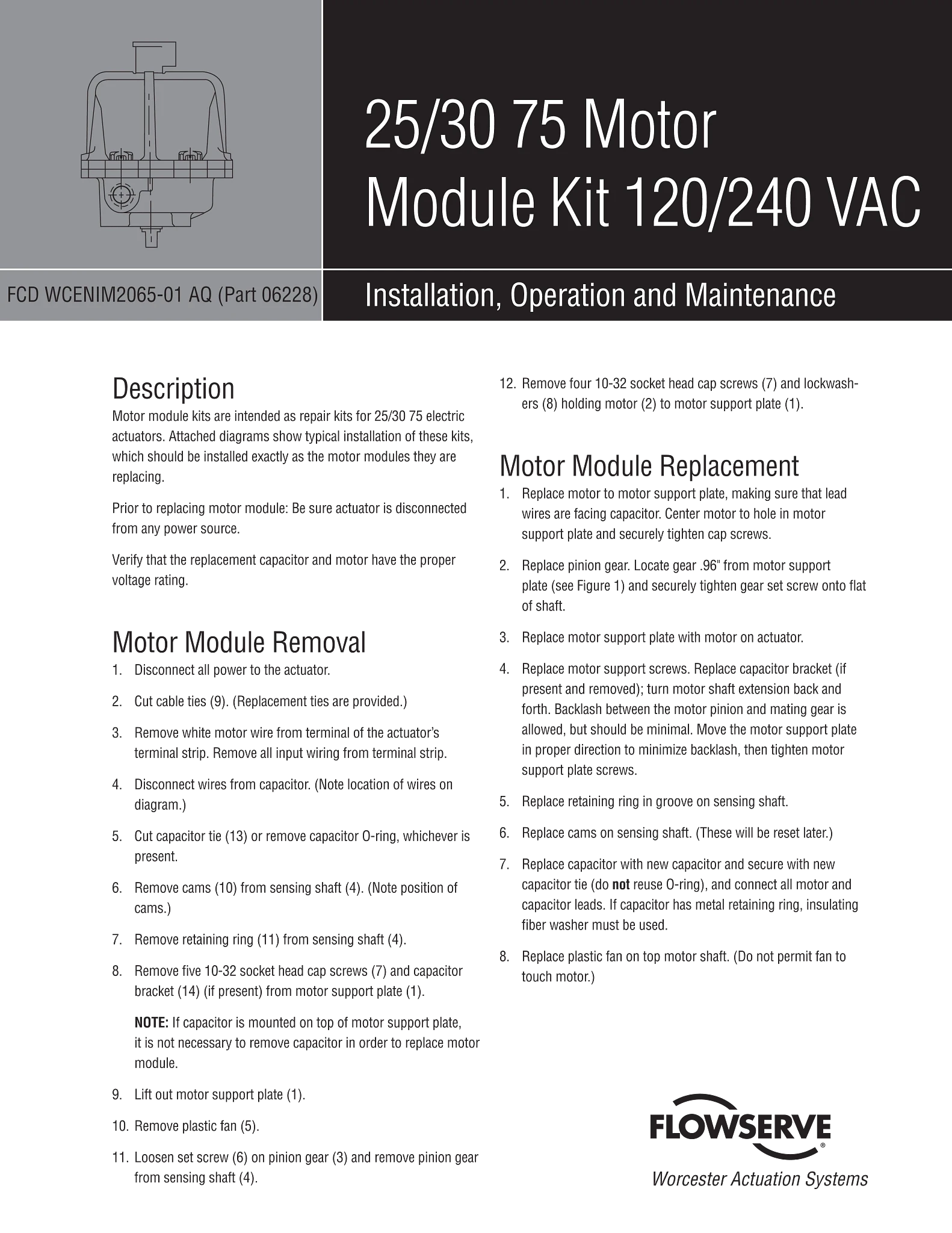 Worcester Controls 25/30 75 电机模块套件 120/240 VAC 使用说明（IOM）