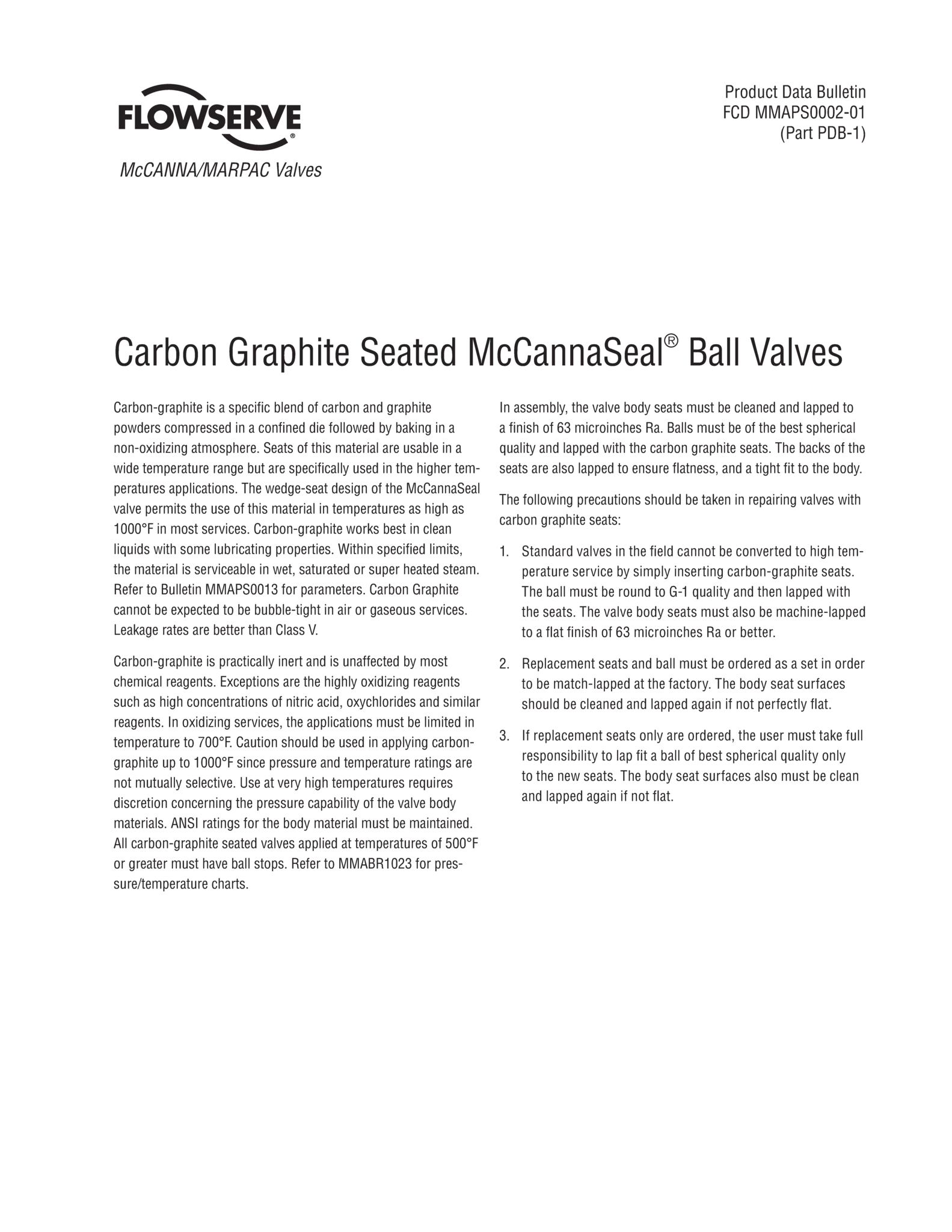 McCannaSeal®碳石墨阀座球阀产品数据公告