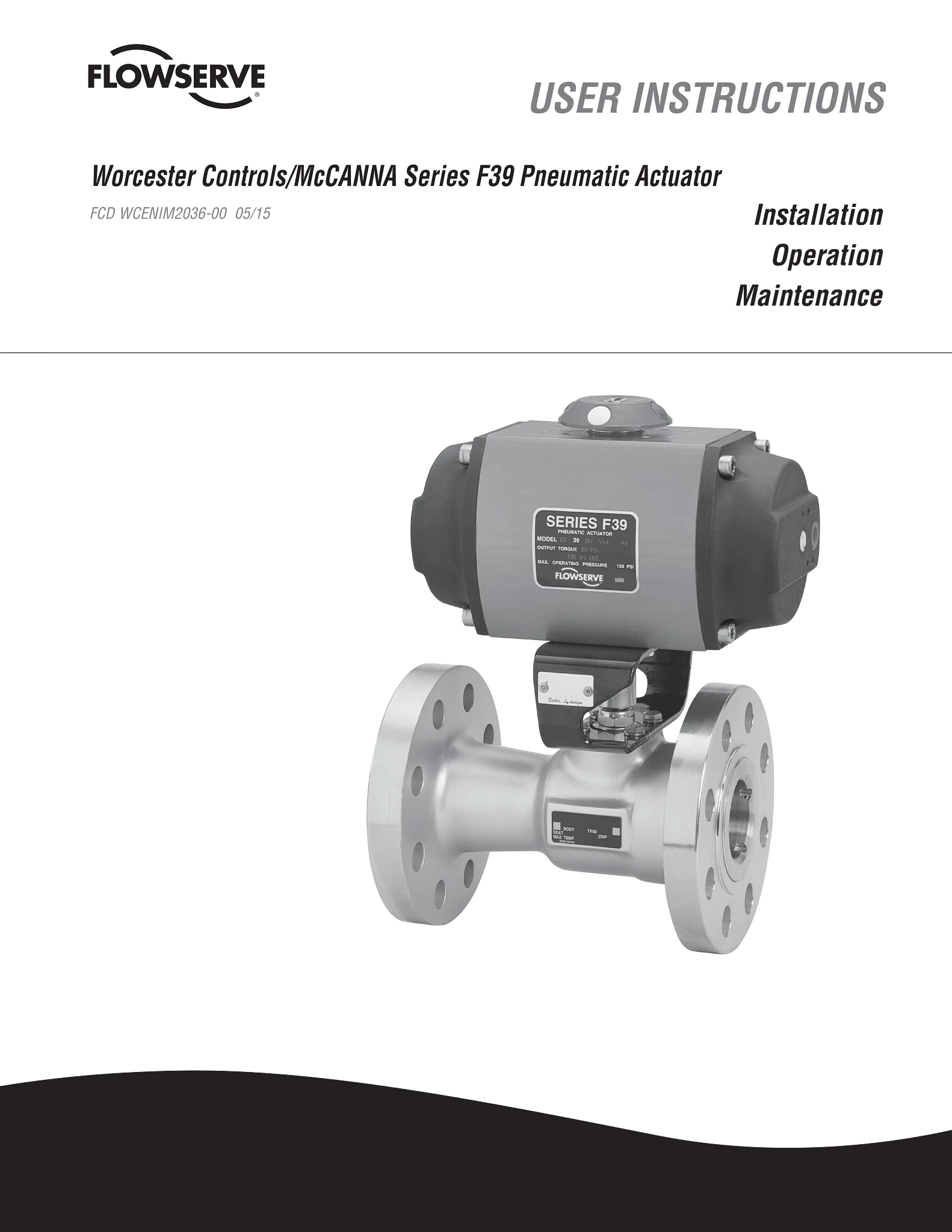 Worcester Controls/McCANNA 系列 F39气动执行器 - 使用说明（IOM）