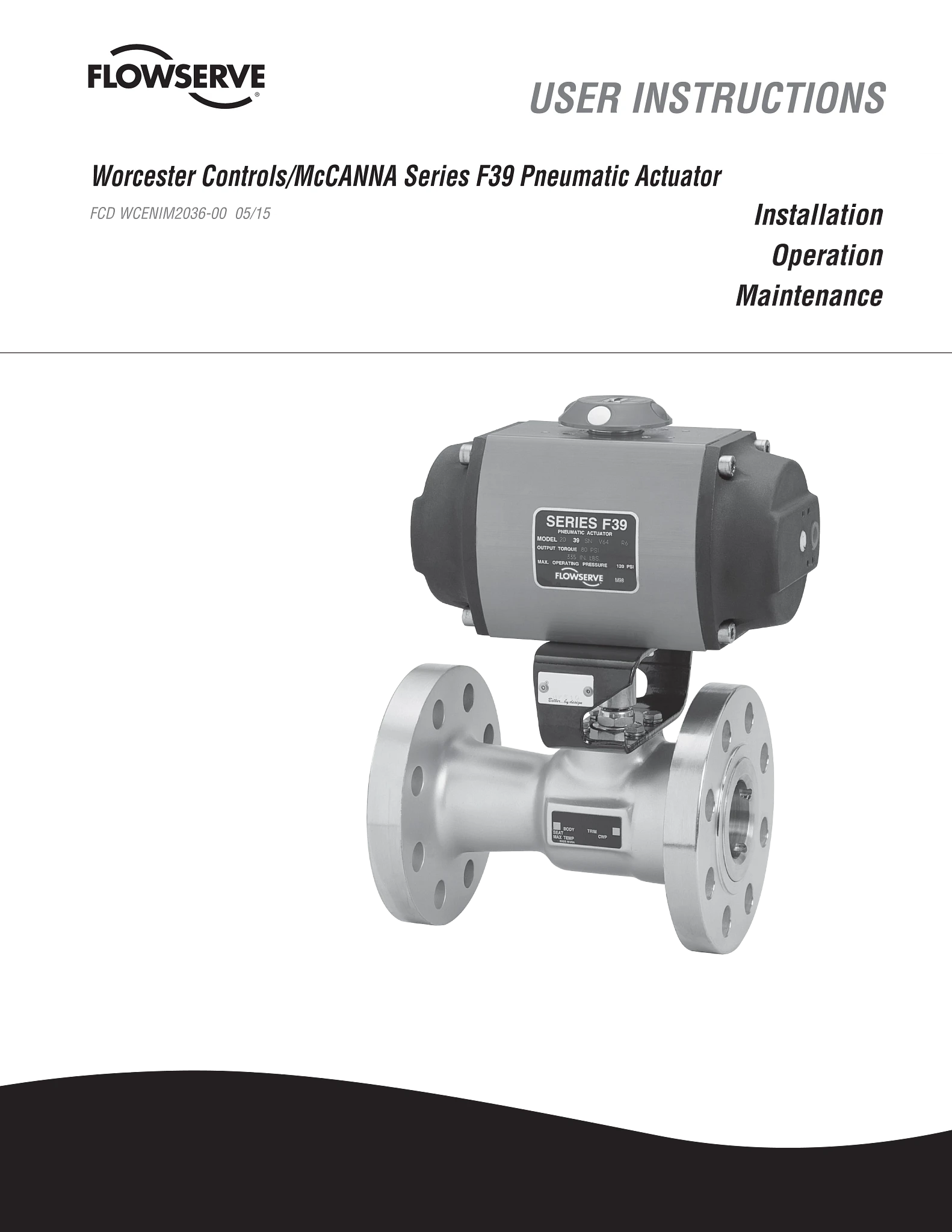 Worcester Controls/McCANNA 系列 F39气动执行器 - 使用说明(IOM)
