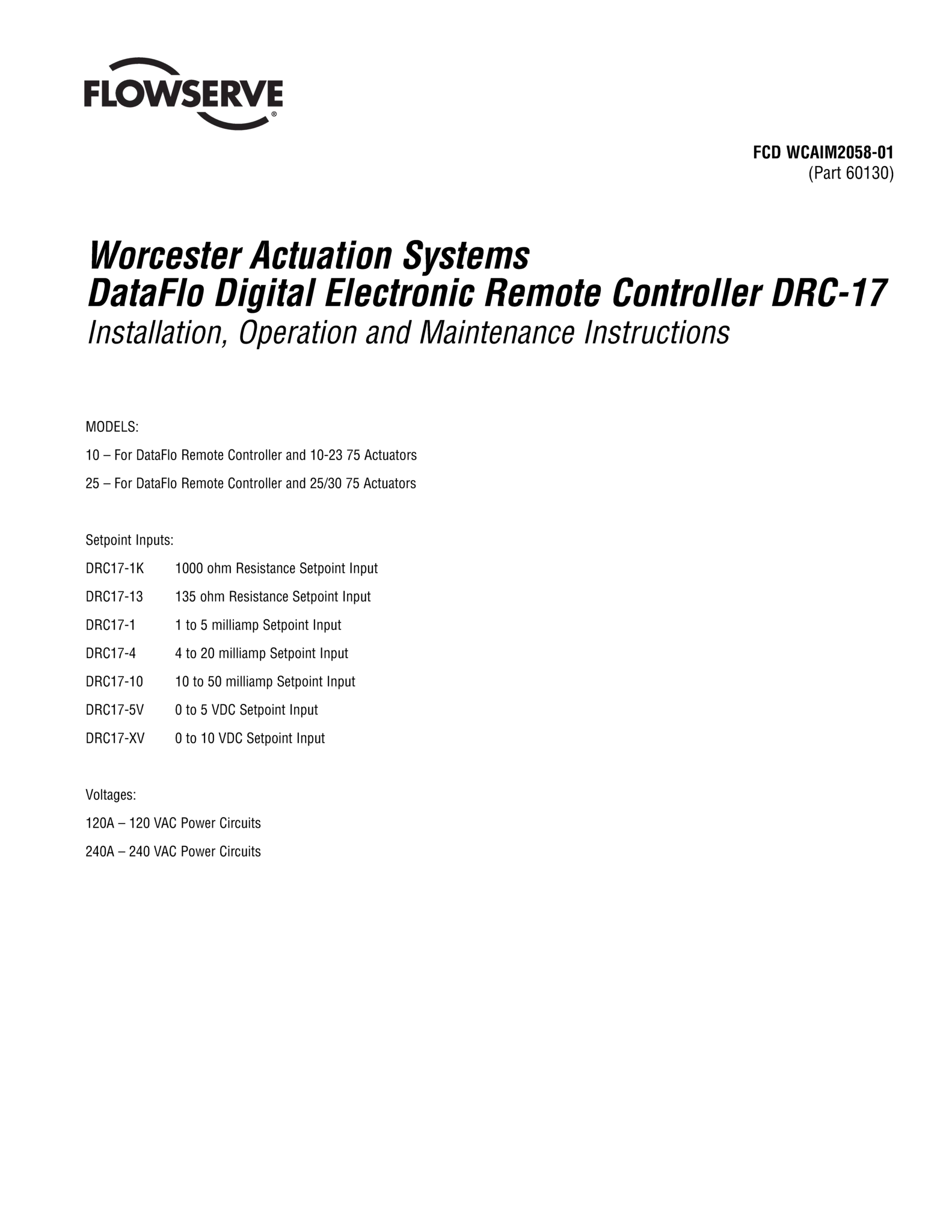 Worcester执行机构系统DataFlo数字电子遥控器DRC-17使用说明(IOM)