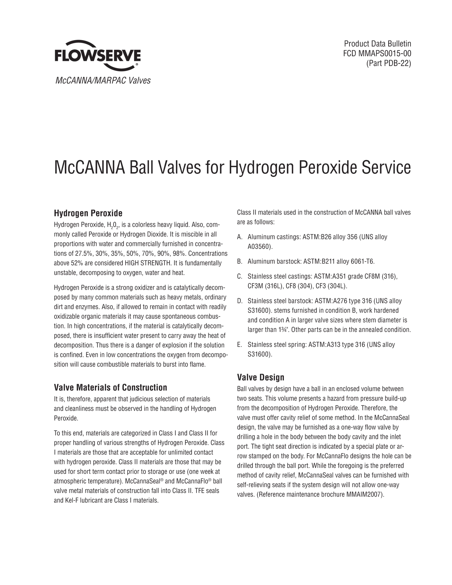 McCANNA/MARPAC阀门:用于过氧化氢服务产品的McCANNA球阀数据公告